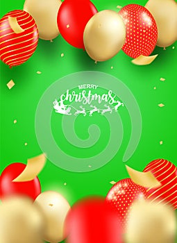 Merry Christmas. Design with red, gold balloons party on green background.