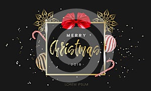 Merry Christmas design template. Hand lettering in gold with confetti. Christmas ball, ribbon bow and lollipop candy