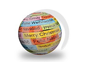 Merry Christmas different languages on 3d sphere