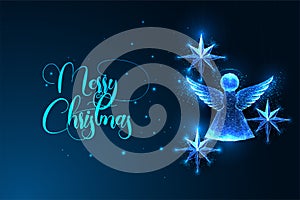 Merry Christmas digital greeting card template with angel silhouette and star ornaments isolated on dark blue