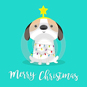 Merry Christmas dog fir tree shape. Garland lights bulb string Star. Puppy pooch sitting. Funny Kawaii animal Kids print. Cute