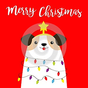 Merry Christmas dog fir tree shape. Garland lights bulb string Star tip top. Puppy pooch. Funny Kawaii animal Kids print. Cute