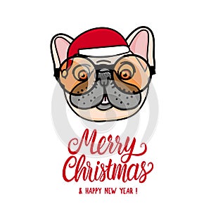 Merry Christmas. Dog french bulldog puppy. Animal head with santa hat. Vector hand drawn illustration isolated on white