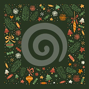Merry Christmas Doodle Frame. Greeting Card Design on Green Background. Square vector Illustration. Super Trendy Design