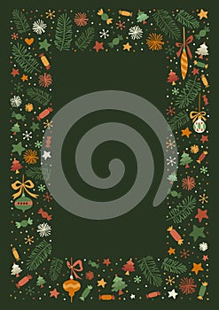 Merry Christmas Doodle Frame Poster. Greeting Card Design on Green Background. Vertical vector Illustration. Super