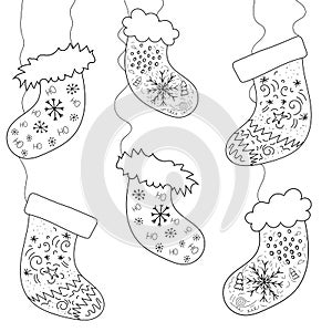 Merry Christmas doodle greeting card background. Socks, snowflakes, decoration and presents. Hand drawn vector illustration doodle