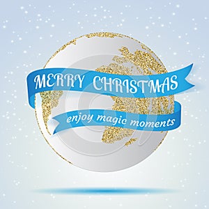 Merry Christmas, earth icon with red ribbon around it, hollyday decoration on winter background. Greeting card, brochure