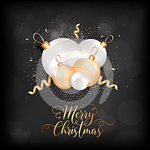Merry Christmas Elegant Card with Xmas Balls and Confetti. Festive Decoration in White and Gold Colors with Glitter