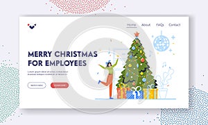 Merry Christmas for Employees Landing Page Template. Happy New Year Celebration in Office. Cheerful Woman Celebrate