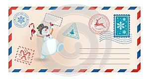 Merry Christmas envelope with cheerful snowman