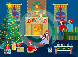 Merry Christmas Eve. Happy Family in Home Interior with Christmas Tree, Fireplace and Gifts