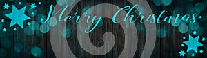 Merry Christmas festive celebration background banner panorama greeting card - Turquoise stars, hand lettering and bokeh lights,