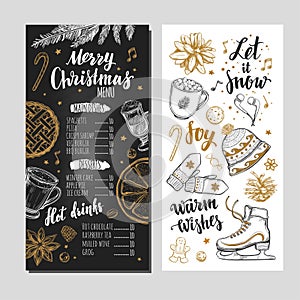 Merry Christmas festive Winter Menu on Chalkboard. Design template includes different Vector hand drawn illustrations and Brushpen