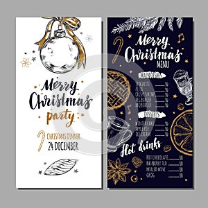 Merry Christmas festive Winter Menu on Chalkboard and Invitation card. Design template includes different Vector hand drawn