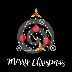 Merry Christmas Fir tree made from snowflake, holly berry, ball, candy cane, star sparkle, snow set. Cute cartoon triangle shape