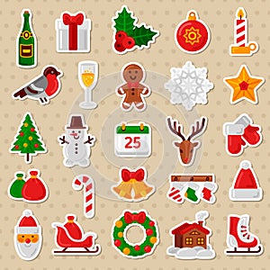 Merry Christmas Flat Icons. Happy New Year Stickers.