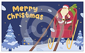 Merry Christmas flat vector illustration with happy Santa Claus