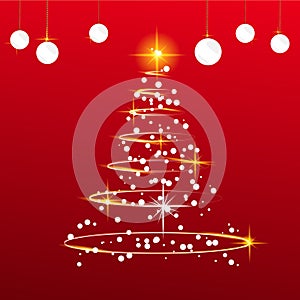 Merry Christmas, Flat Vector Tree Illustration Design With White Hanging ball, Red Gradient Background For Infographics, Posters,