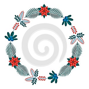 Merry Christmas floral round frame with winter plants frame - wreath in flat style. Illustrations with botanical symbols