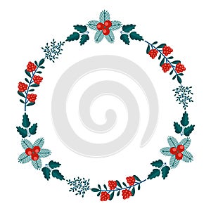 Merry Christmas floral round frame with winter plants frame - wreath in flat style. Illustrations with botanical symbols