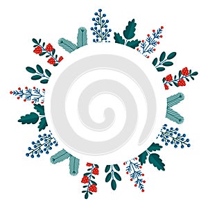 Merry Christmas floral round frame with winter plants frame - wreath in flat style. Illustrations with botanical symbols