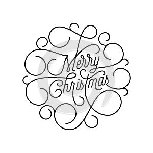Merry Christmas flourish calligraphy lettering of swash line typography for greeting card design. Vector festive ornamental quote