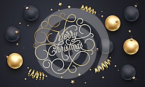 Merry Christmas flourish golden calligraphy lettering of swash line gold typography for greeting card design. Vector festive golde photo