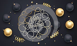 Merry Christmas flourish golden calligraphy lettering of swash line gold typography for greeting card design. Vector festive golde