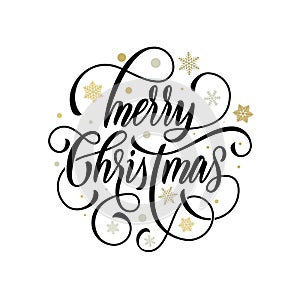 Merry Christmas flourish hand drawn calligraphy lettering on golden snowflake ornament pattern background. Vector swash line typog photo