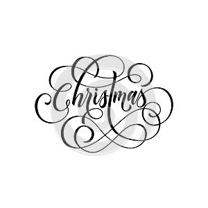 Merry Christmas flourish hand drawn swash calligraphy lettering of ornamental line typography for greeting card design. Vector fes photo