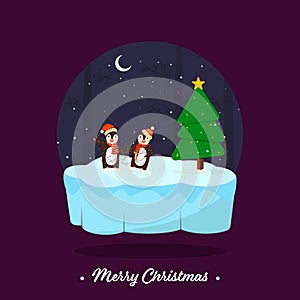 Merry Christmas Font with Cartoon Two Penguins Wear Lighting Garland, Xmas Tree on Snowy and Crescent Moon Purple