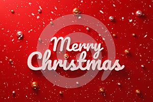 Merry Christmas font design on vivid red background with shiny disco ball and falling snow decoration pattern. Happy Christmas