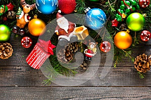 Merry Christmas Frame with real wood and colorful baubles