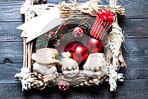 Merry Christmas Frame with real wood green pine, colorful baubles