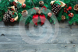 Merry Christmas Frame with real wood green pine, colorful baubles