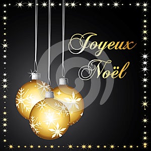 Merry Christmas. French language. Gold and black greeting card. Ornaments with snowflakes. Vector illustration.