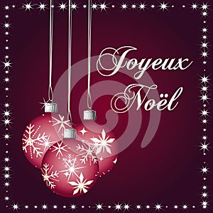 Merry christmas in french language. Purple and pink vector greeting card..