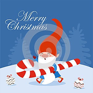 Merry Christmas. Fun holiday card of cute gnome with sweets. Vector illustration. Can be used for banner, poster, greeting card, p