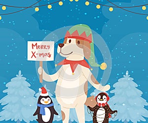 Merry christmas funny dog and penguins in red santa hats in winter Christmas forest, garlands cartoon vector