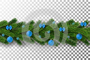 Merry Christmas garland isolated white transparent background. 3D border green branch, holiday frame hanging decor. Pine