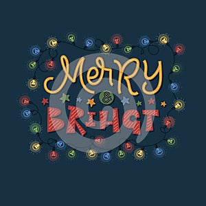 Merry Christmas Garlands. Merry and Bright. Doddle Retro Poster Season`s Greeting. Dark Background