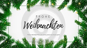 Merry Christmas German holiday greeting card with text calligraphy on Christmas fir tree background template. Vector