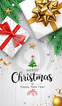 Merry Christmas Gift box collections with Pine leaves and ribbons flyer poster concept design