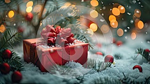 Merry Christmas Gift Box on Snow with Bokeh Lights and Fir Branch Ornament