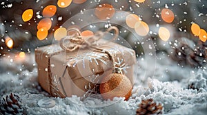 Merry Christmas Gift Box on Snow with Bokeh Lights and Fir Branch Ornament