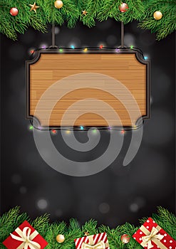 Merry christmas gift box and wooden background with space for text. Happy holiday greeting banner and card template