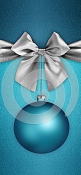 Merry christmas gift card with silver shiny ribbon bow and xmas blue ball on turquoise glittering background, copy space template