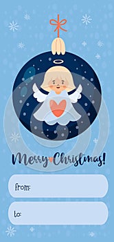 Merry Christmas gift card tag. Christmas ball with cute angel girl. Xmas vertical postcard. Vector illustration. Cute