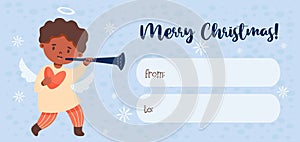 Merry Christmas gift card tag. Little cartoon angel ethnic black boy with trumpet. Xmas horizontal postcard. Vector