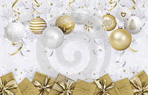 Merry Christmas gift greeting card, with decorated golden hanging balls and gift box, background with bright ribbons and glitter